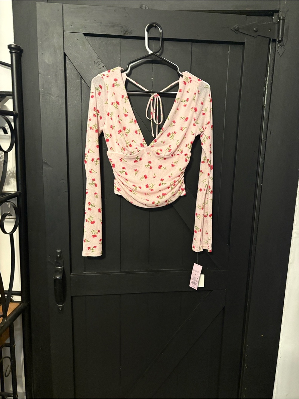 Target Pink Floral Long-Sleeve Tie-Back Ruched Crop Top
